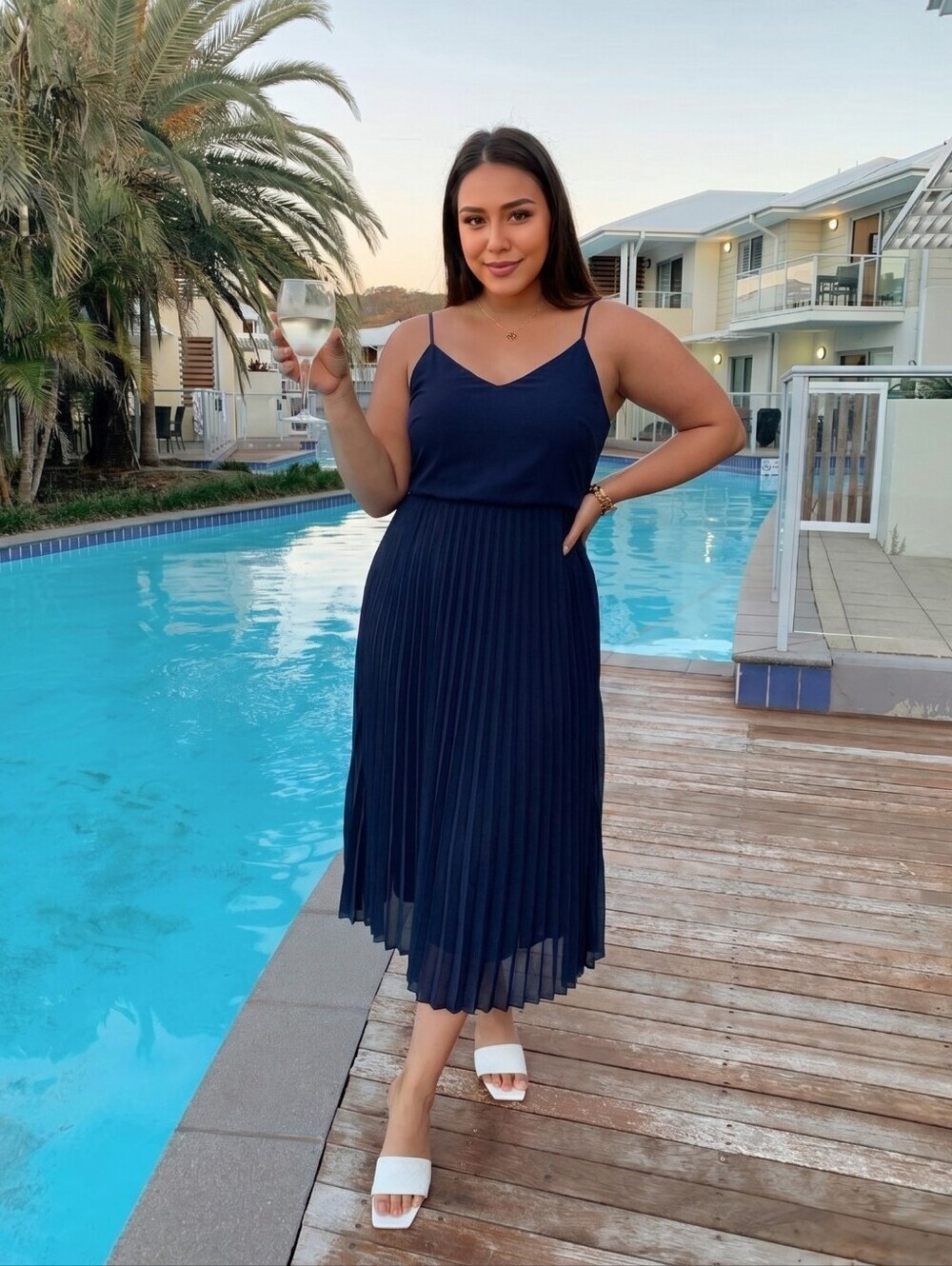 Sinsay Womens Plus Size Navy Blue Pleated Sleeveless Midi Summer Dress. Sz XXL